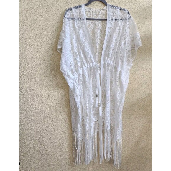 Women’s One Size Lace Swimsuit CoverUp Kimono White New Sheer Mesh Fringed Midi - Picture 4 of 11